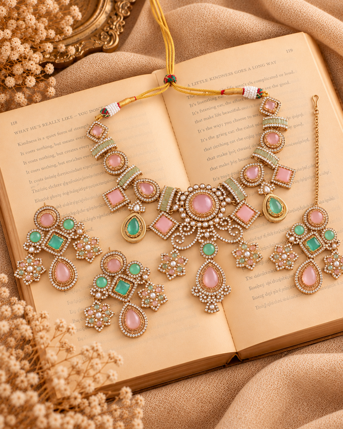 Blush Mint Narzika Premium Sabya Inspired Necklace Set with Earring & Teeka