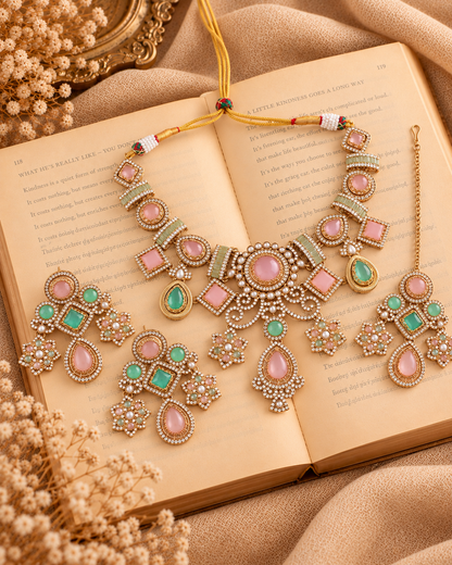 Blush Mint Narzika Premium Sabya Inspired Necklace Set with Earring & Teeka