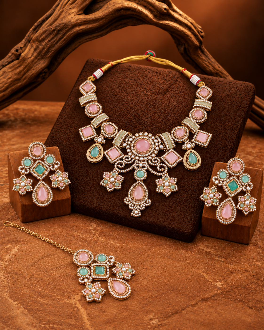 Blush Mint Narzika Premium Sabya Inspired Necklace Set with Earring & Teeka