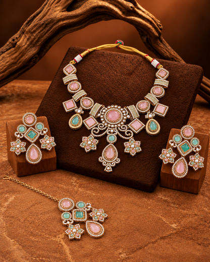Blush Mint Narzika Premium Sabya Inspired Necklace Set with Earring & Teeka