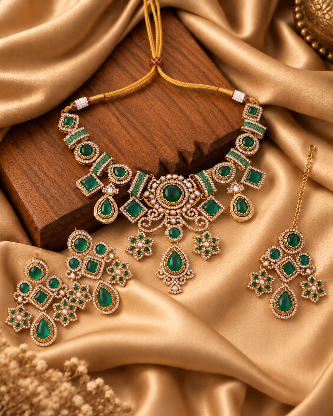 Green Narzika Premium Sabya Inspired Necklace Set with Earring & Teeka