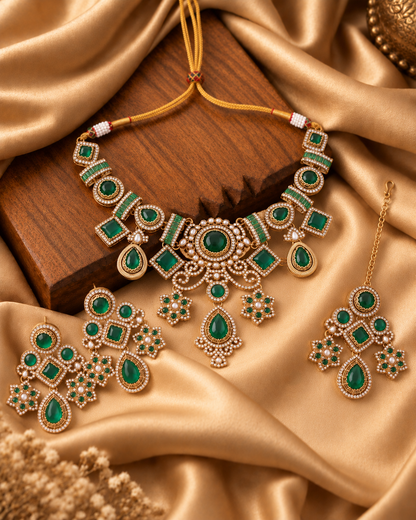 Green Narzika Premium Sabya Inspired Necklace Set with Earring & Teeka