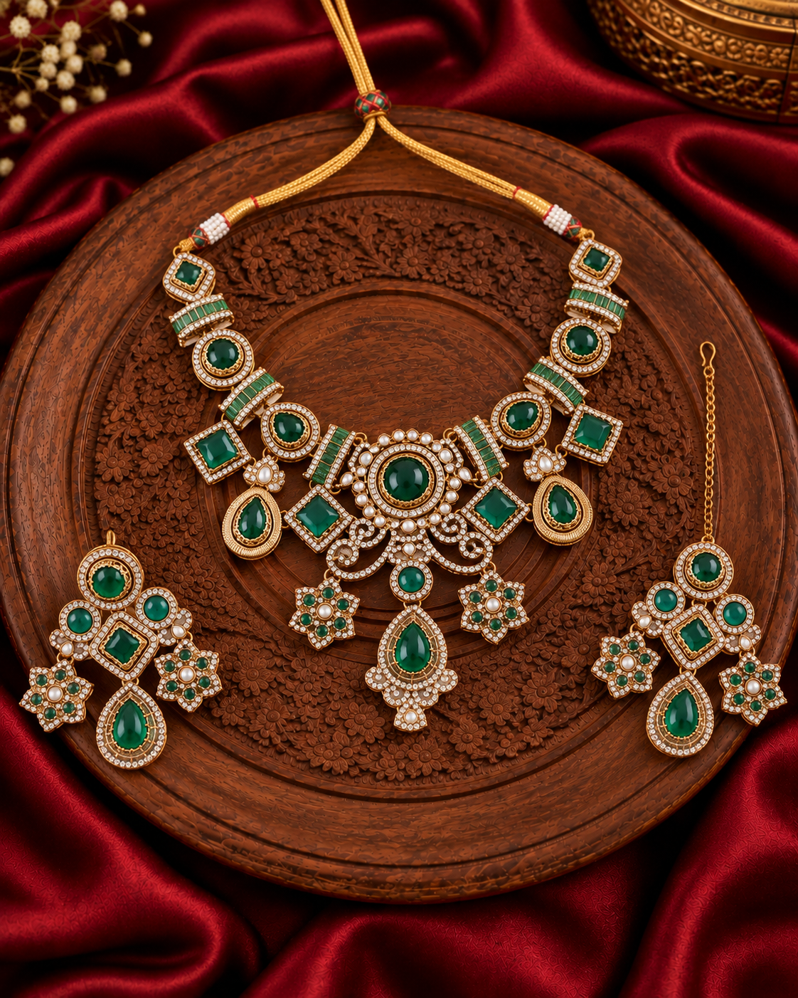 Green Narzika Premium Sabya Inspired Necklace Set with Earring & Teeka