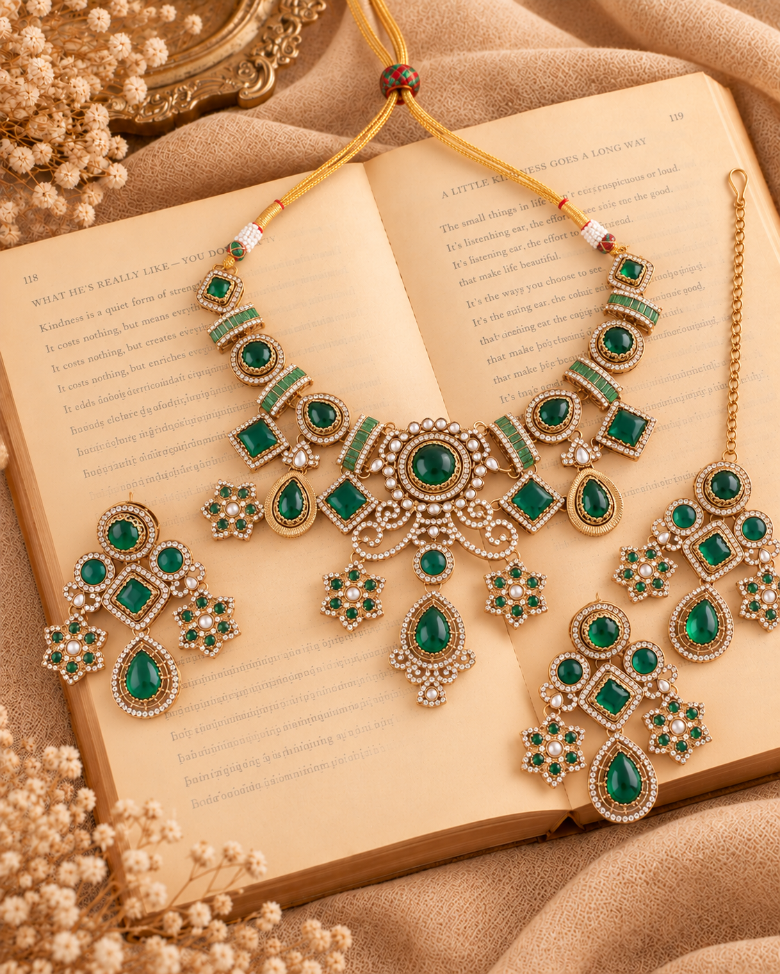 Green Narzika Premium Sabya Inspired Necklace Set with Earring & Teeka