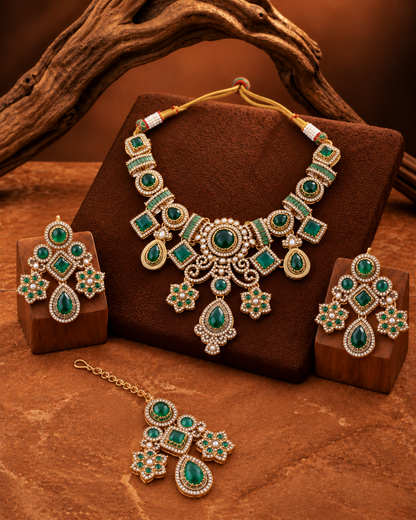Green Narzika Premium Sabya Inspired Necklace Set with Earring & Teeka