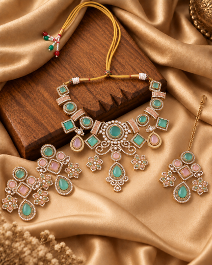 Mint Blush Narzika Premium Sabya Inspired Necklace Set with Earring & Teeka