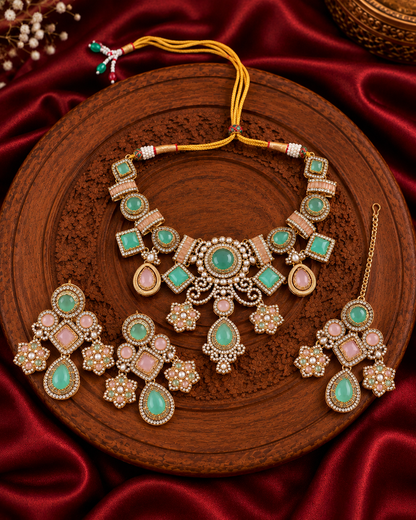 Mint Blush Narzika Premium Sabya Inspired Necklace Set with Earring & Teeka