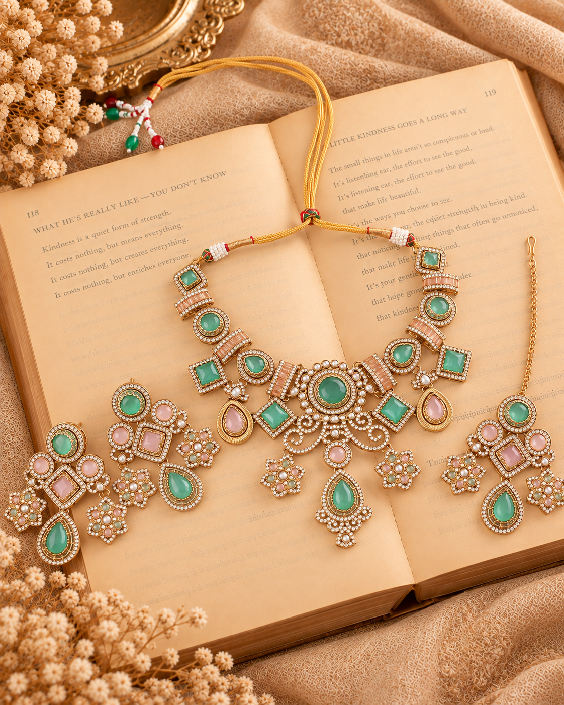 Mint Blush Narzika Premium Sabya Inspired Necklace Set with Earring & Teeka