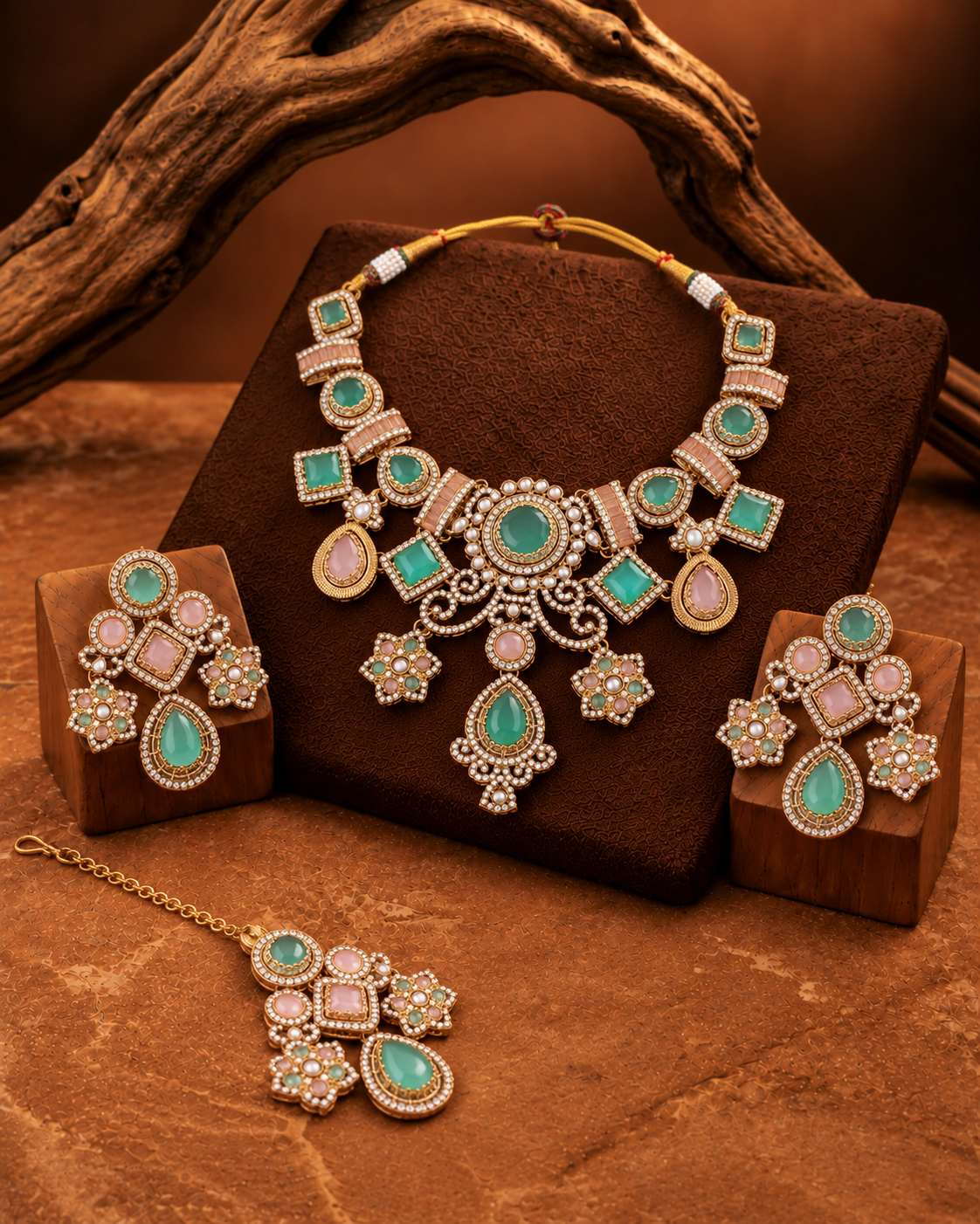Mint Blush Narzika Premium Sabya Inspired Necklace Set with Earring & Teeka