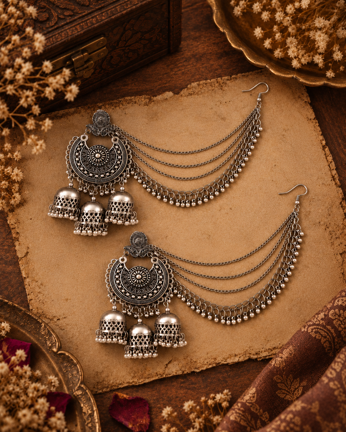 Silver Zarnika Oxidised Kaan Chain Jhumka Earrings