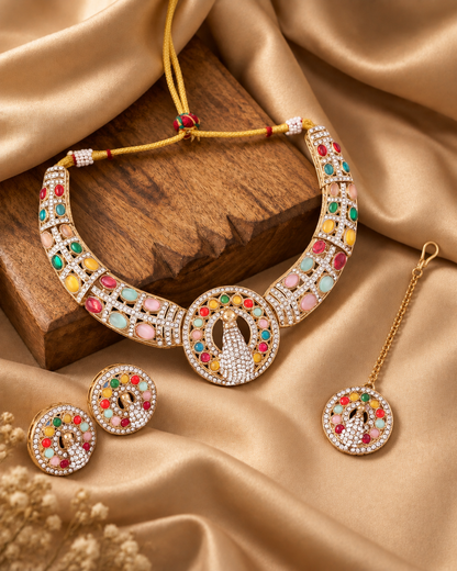 Multi Aishwarya Peacock Designer Necklace with Earring and Teeka