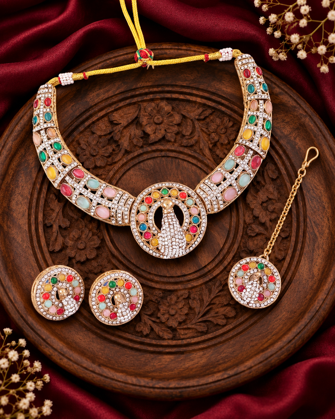 Multi Aishwarya Peacock Designer Necklace with Earring and Teeka