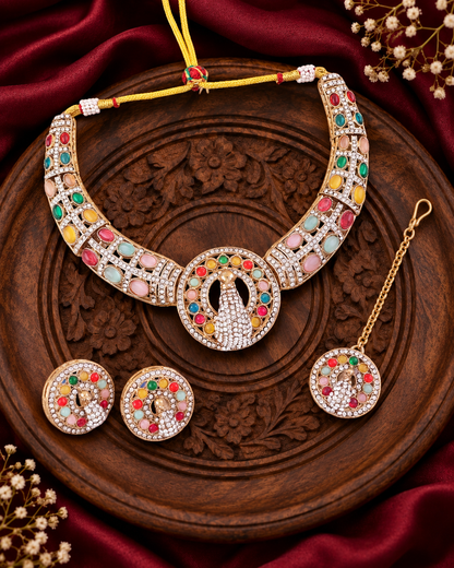 Multi Aishwarya Peacock Designer Necklace with Earring and Teeka
