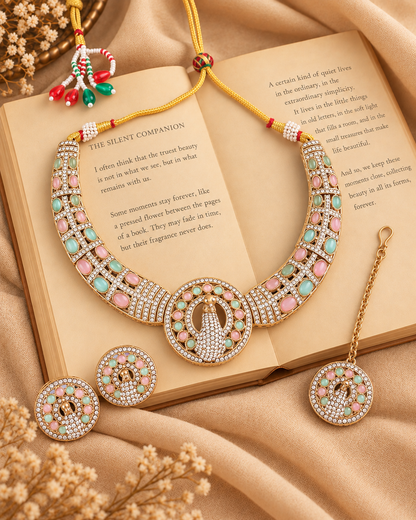 Pastel Aishwarya Peacock Designer Necklace with Earring and Teeka