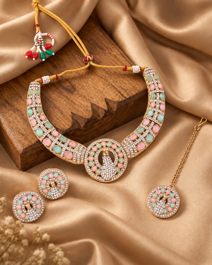 Pastel Aishwarya Peacock Designer Necklace with Earring and Teeka