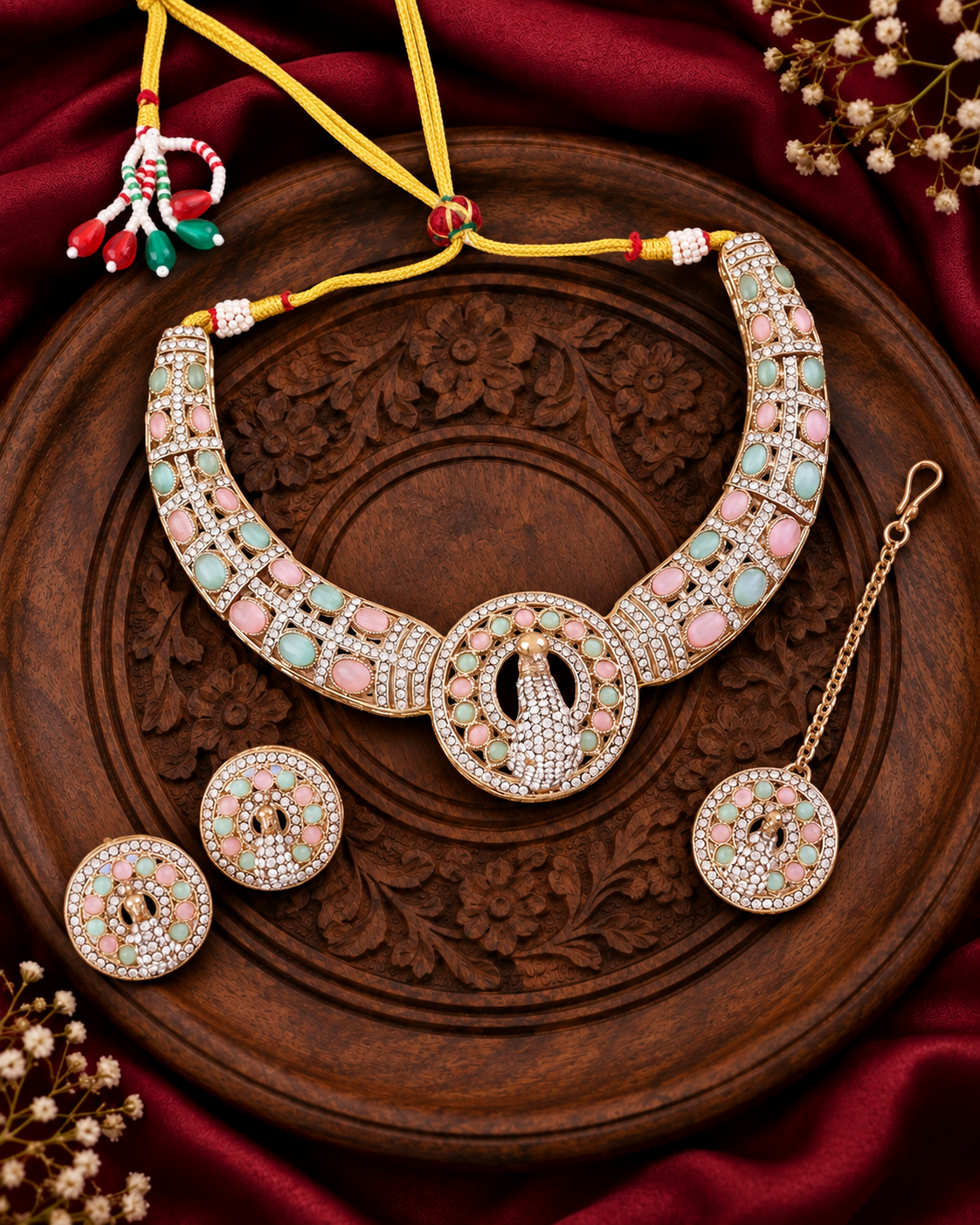 Pastel Aishwarya Peacock Designer Necklace with Earring and Teeka