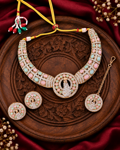 Pastel Aishwarya Peacock Designer Necklace with Earring and Teeka