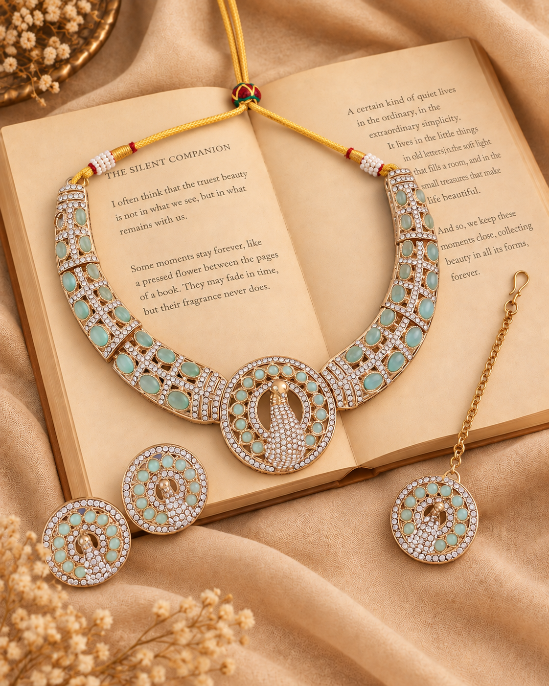 Mint Aishwarya Peacock Designer Necklace with Earring and Teeka