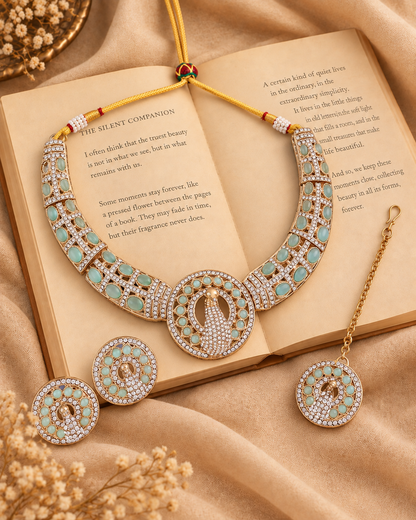 Mint Aishwarya Peacock Designer Necklace with Earring and Teeka