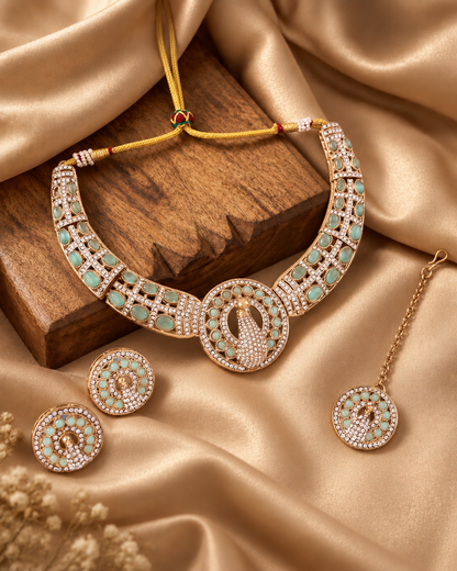 Mint Aishwarya Peacock Designer Necklace with Earring and Teeka