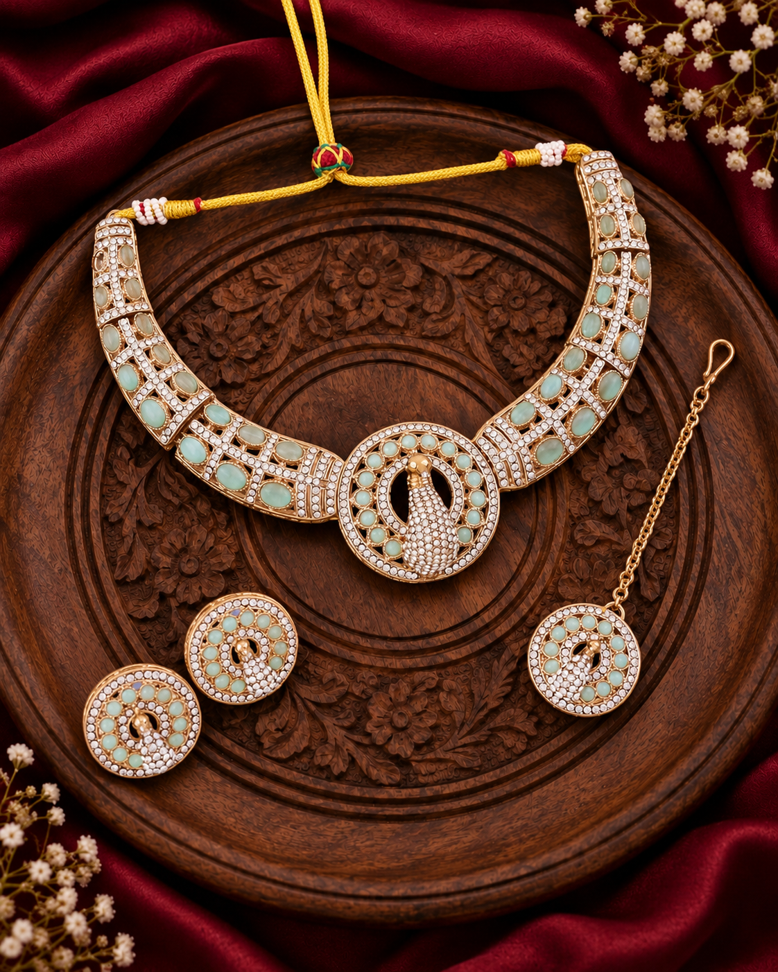 Mint Aishwarya Peacock Designer Necklace with Earring and Teeka