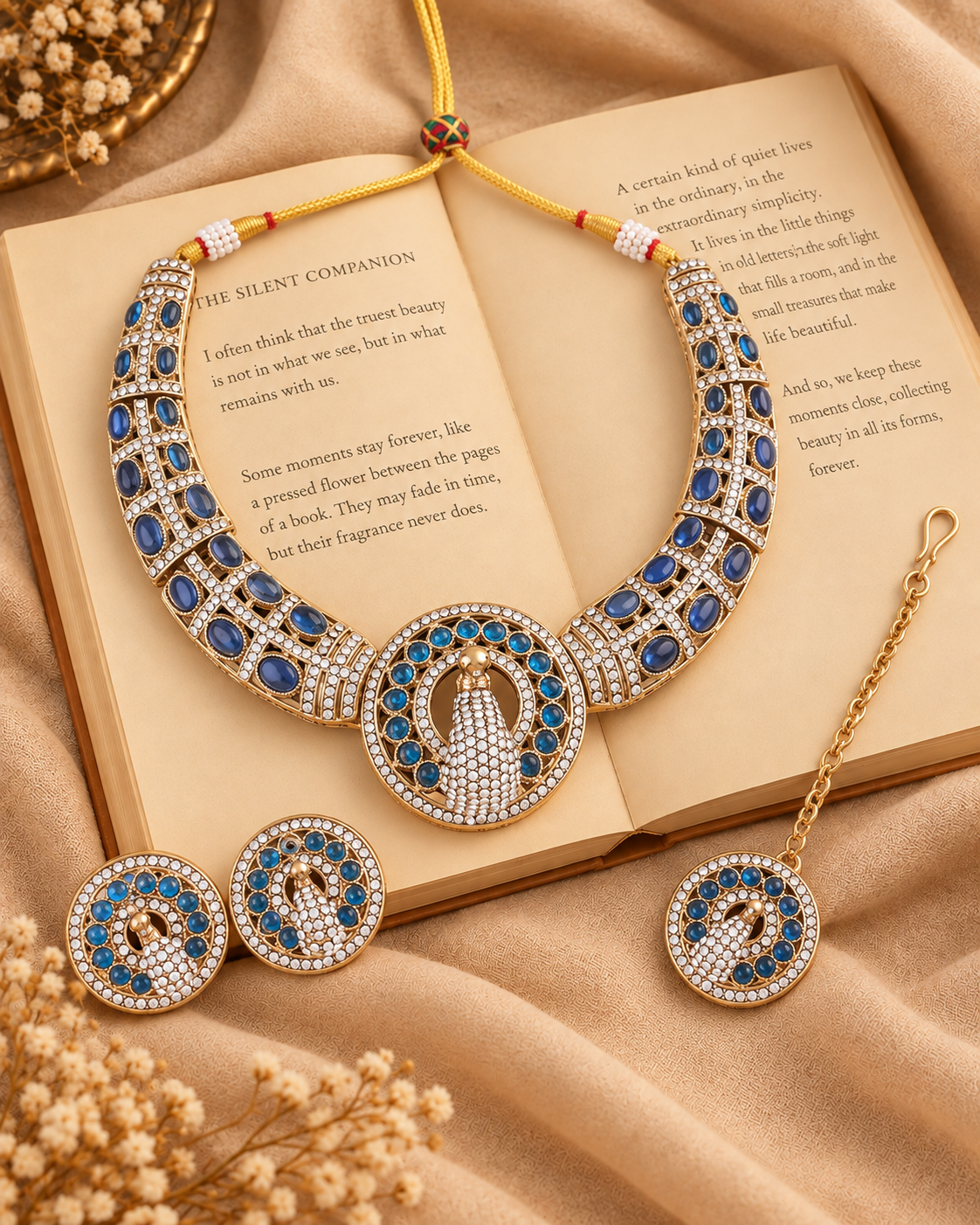 Blue Aishwarya Peacock Designer Necklace with Earring and Teeka