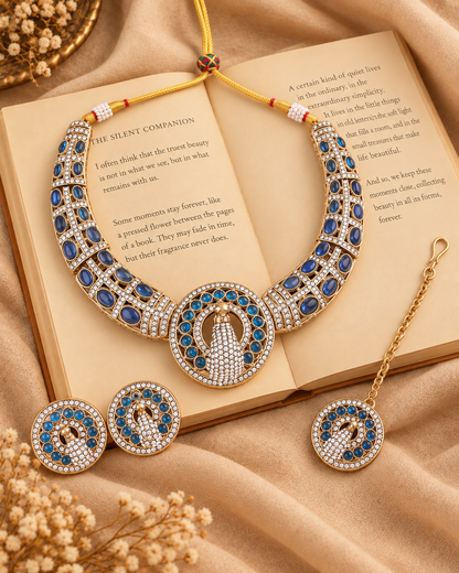 Blue Aishwarya Peacock Designer Necklace with Earring and Teeka