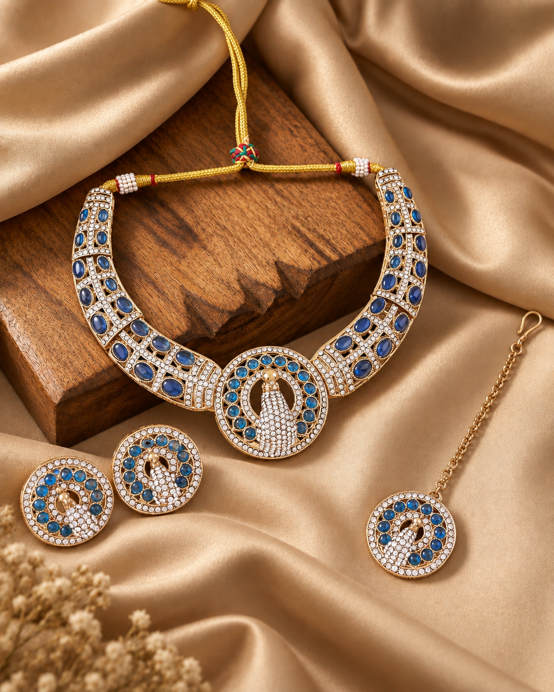 Blue Aishwarya Peacock Designer Necklace with Earring and Teeka
