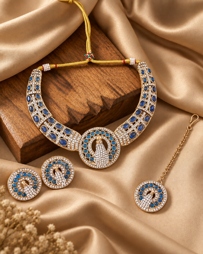Blue Aishwarya Peacock Designer Necklace with Earring and Teeka