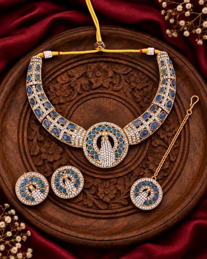 Blue Aishwarya Peacock Designer Necklace with Earring and Teeka