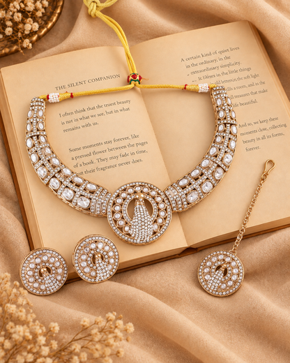 White Aishwarya Peacock Designer Necklace with Earring and Teeka