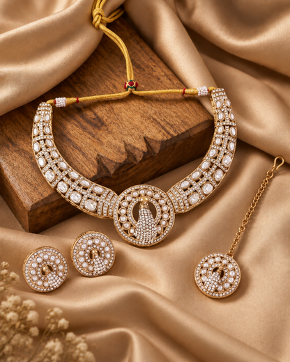 White Aishwarya Peacock Designer Necklace with Earring and Teeka