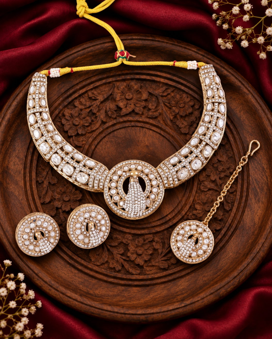 White Aishwarya Peacock Designer Necklace with Earring and Teeka