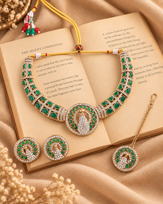 Green Aishwarya Peacock Designer Necklace with Earring and Teeka