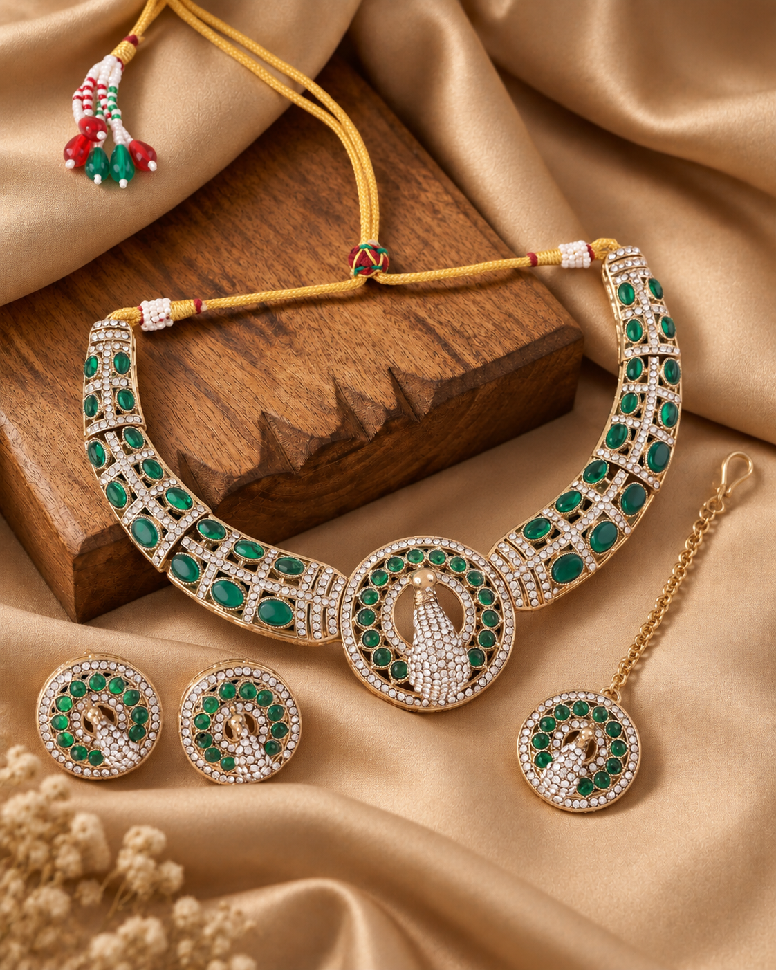 Green Aishwarya Peacock Designer Necklace with Earring and Teeka