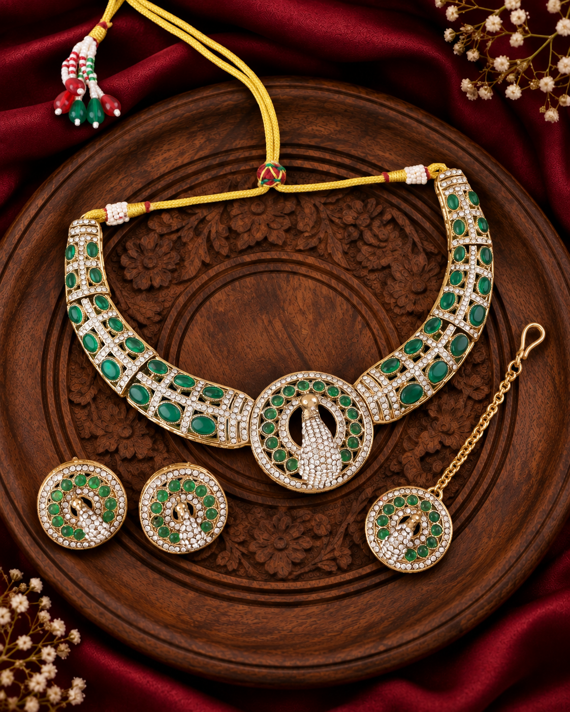 Green Aishwarya Peacock Designer Necklace with Earring and Teeka