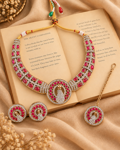 Red Aishwarya Peacock Designer Necklace with Earring and Teeka
