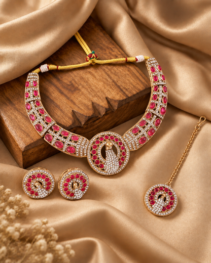 Red Aishwarya Peacock Designer Necklace with Earring and Teeka