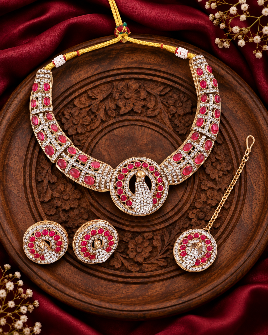 Red Aishwarya Peacock Designer Necklace with Earring and Teeka