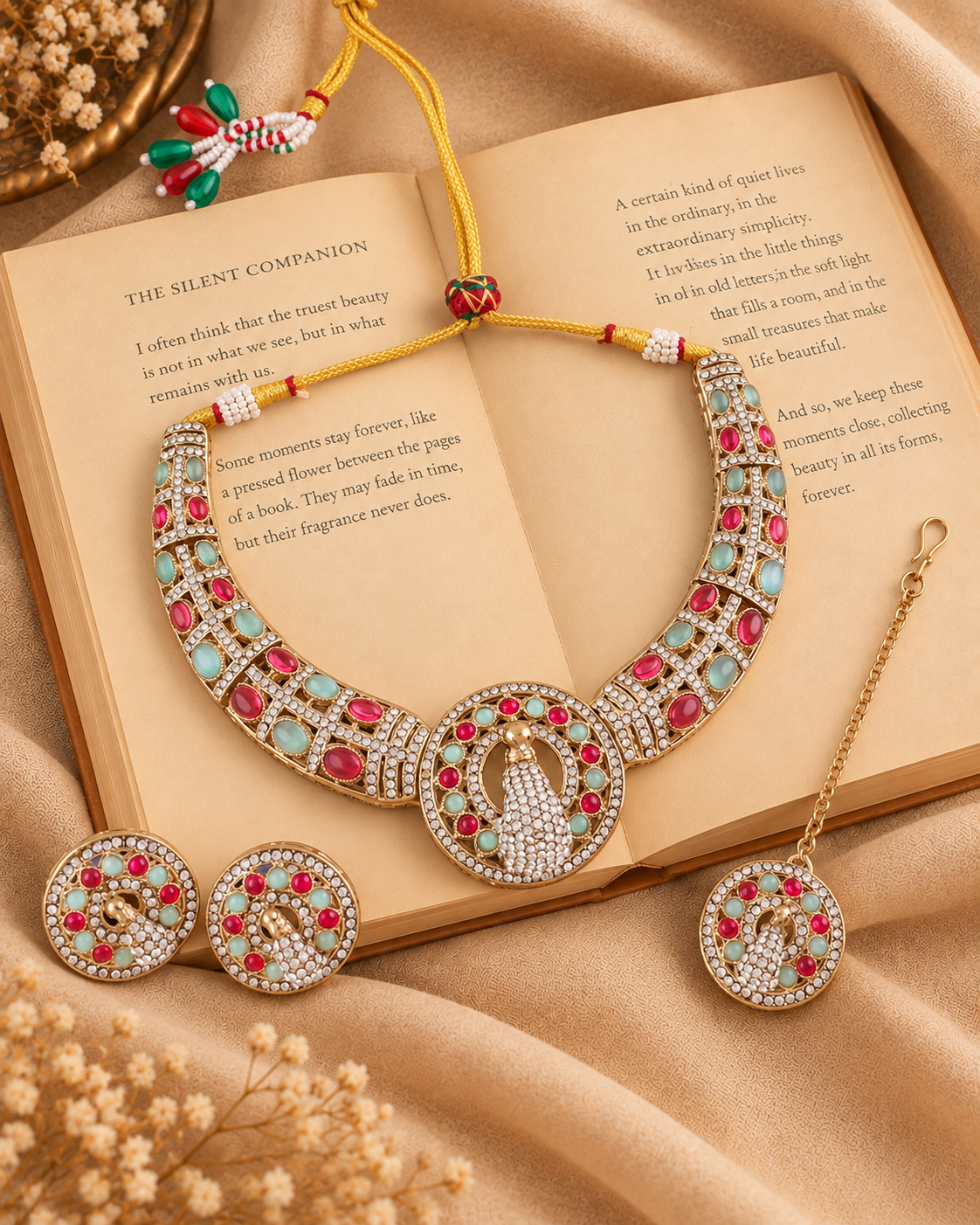 Ruby Mint Aishwarya Peacock Designer Necklace with Earring and Teeka