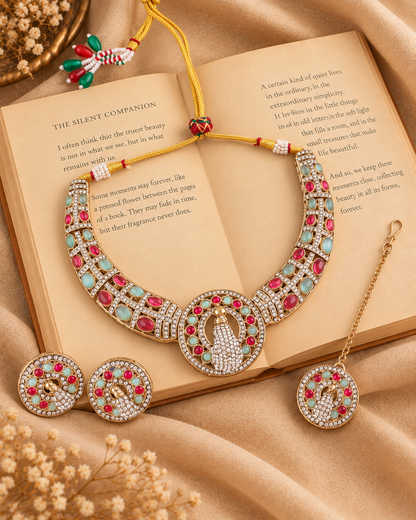 Ruby Mint Aishwarya Peacock Designer Necklace with Earring and Teeka