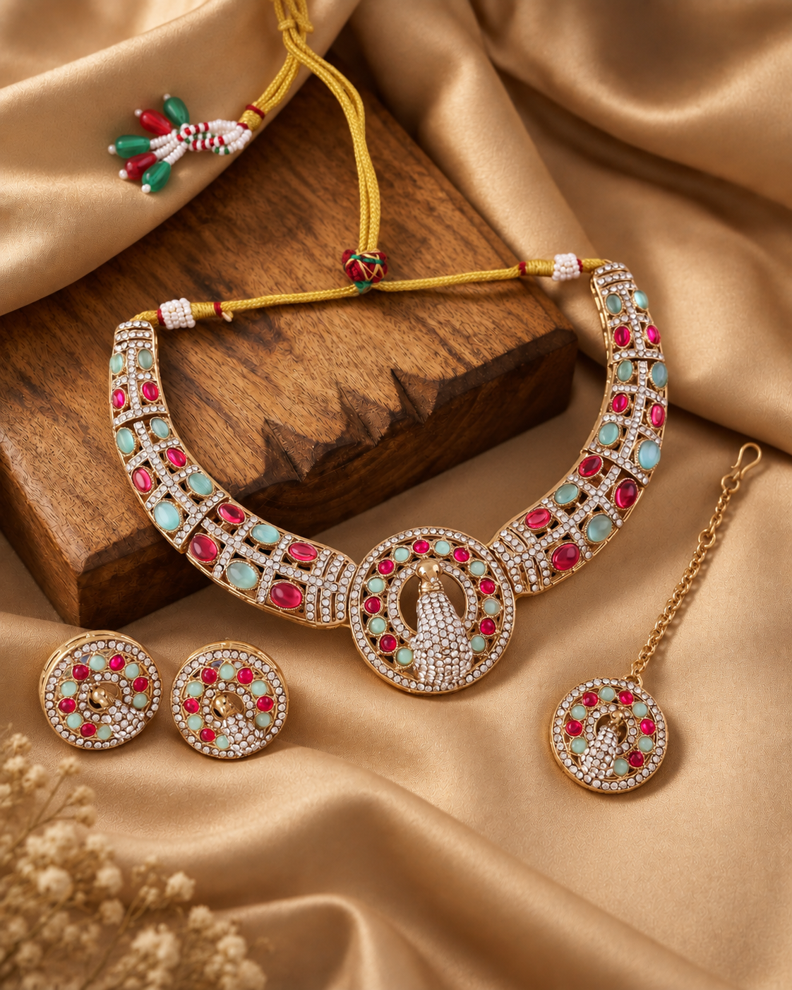 Ruby Mint Aishwarya Peacock Designer Necklace with Earring and Teeka