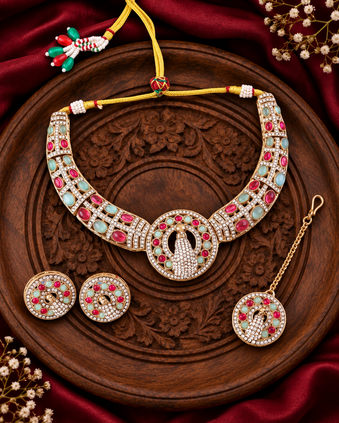 Ruby Mint Aishwarya Peacock Designer Necklace with Earring and Teeka