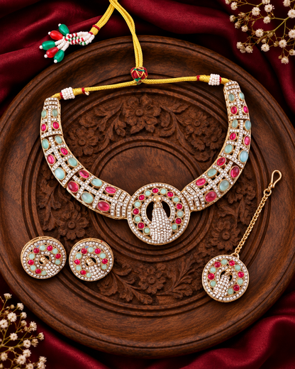 Ruby Mint Aishwarya Peacock Designer Necklace with Earring and Teeka