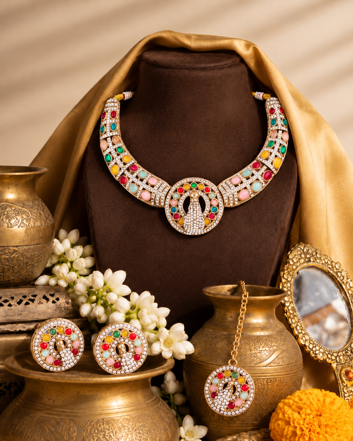 Multi Aishwarya Peacock Designer Necklace with Earring and Teeka