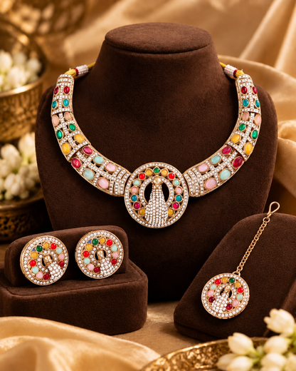 Multi Aishwarya Peacock Designer Necklace with Earring and Teeka