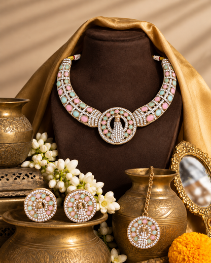 Pastel Aishwarya Peacock Designer Necklace with Earring and Teeka