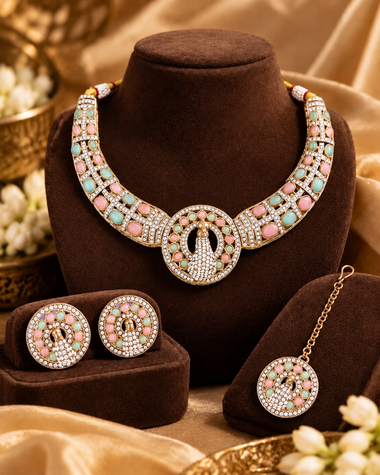 Pastel Aishwarya Peacock Designer Necklace with Earring and Teeka