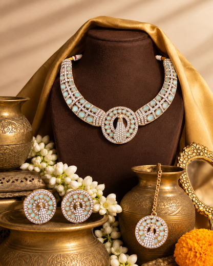 Mint Aishwarya Peacock Designer Necklace with Earring and Teeka