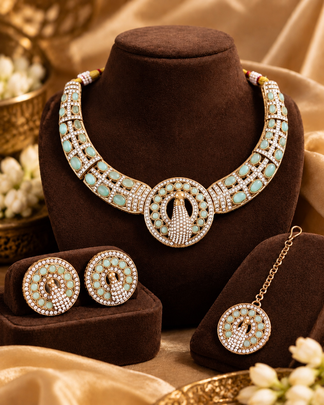 Mint Aishwarya Peacock Designer Necklace with Earring and Teeka